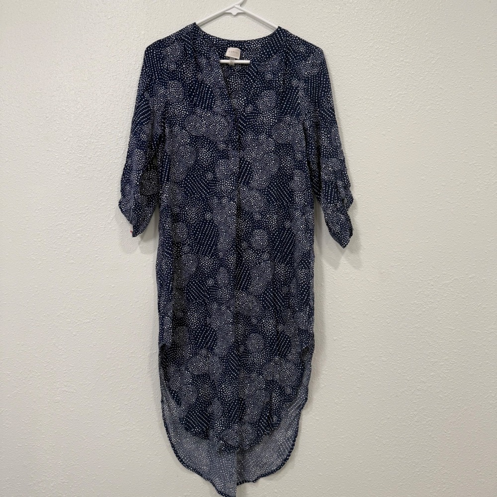 CUPiO Navy White Polka Dot High Low V-Neck 3/4 Sleeve Tunic Dress‎ Medium